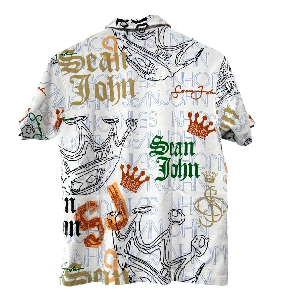 SEAN JOHN Men's White AOP Short Sleeve Polo Shirt Size Small (tagged 16-18)‎
